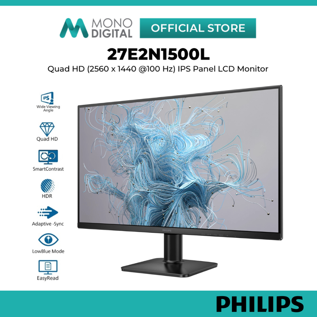 PHILIPS 27" 27E2N1500L LED QUAD HD (2560 x 1440 @75Hz) LCD IPS PANEL MONITOR (4MS, INPUT: HDMI+DP, V
