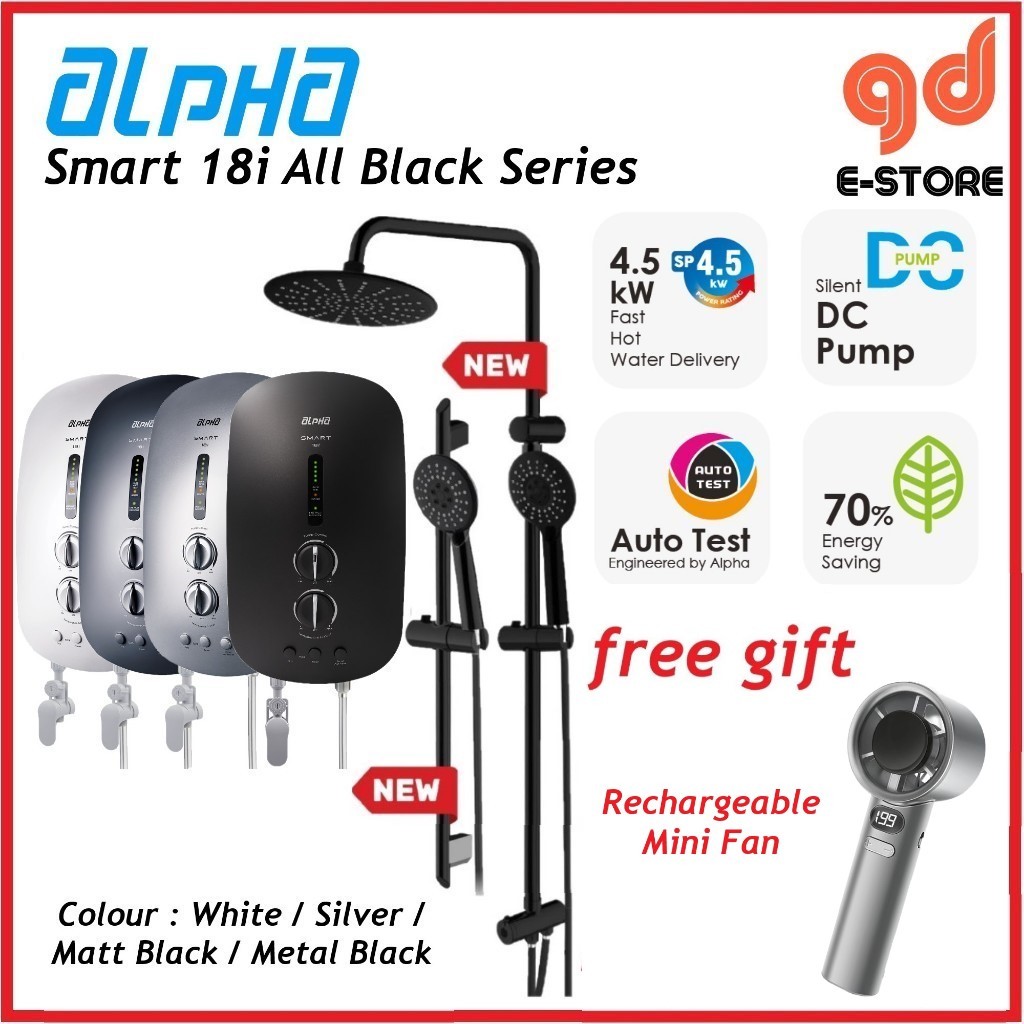 [Free Gift] Alpha Smart 18i Water Heater ELCB Auto Test DC Pump Rain Shower Matt Black Metal Black Silver White
