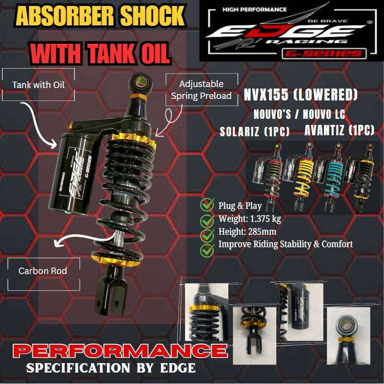 [285mm] ABSORBER SHOCK WITH TANK (OIL) NVX155 NOUVO'S LC EGO'S AVANTIZ SOLARIZ ADJUSTABLE MONOSHOCK ABSORBER