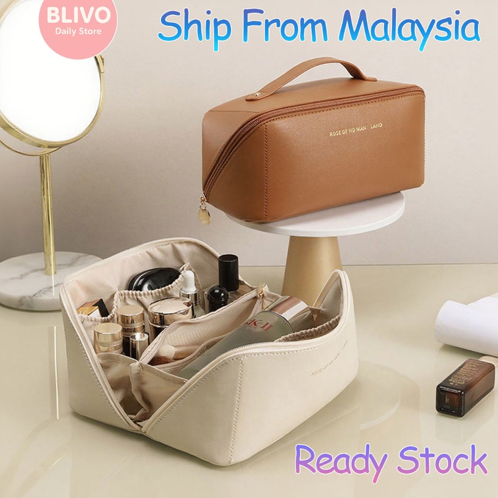 - Pillow Makeup Bag Soft PU Leather Portable Cosmetic Bag Double Layer Travel Toiletries Storage Bag Pouch