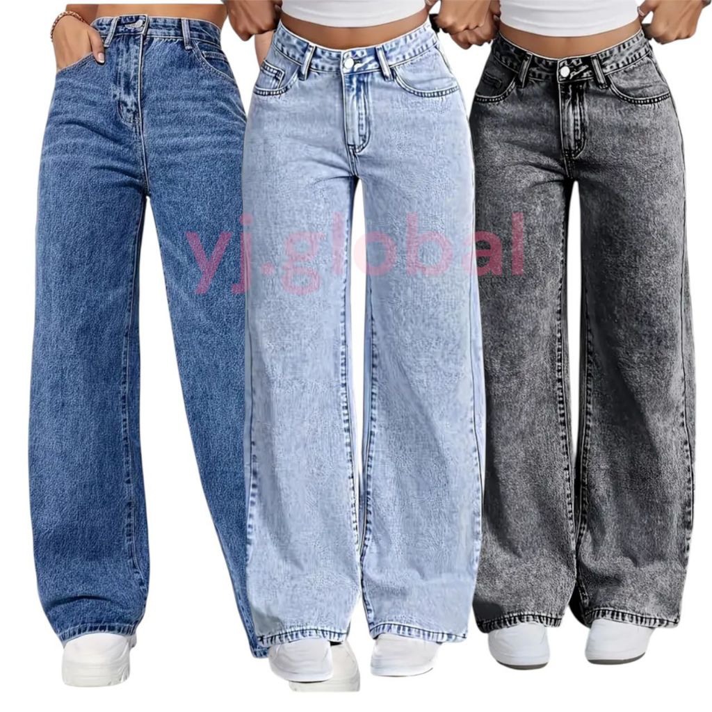 ?Ready stock?wide leg acid wash long plazo jeans losse fit kain denim premium quality size 26 to 38