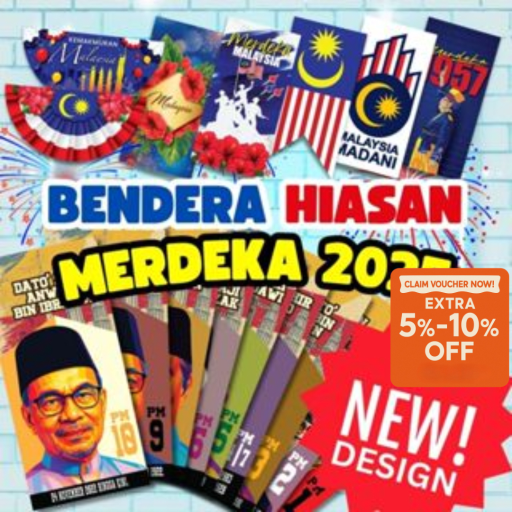 TBF Bendera Hiasan Merdeka Semarak Jalur Gemilang Madani Bunga Raya Tunku 1pcs Malaysia Flag Material PVC Bundle 6"x12"