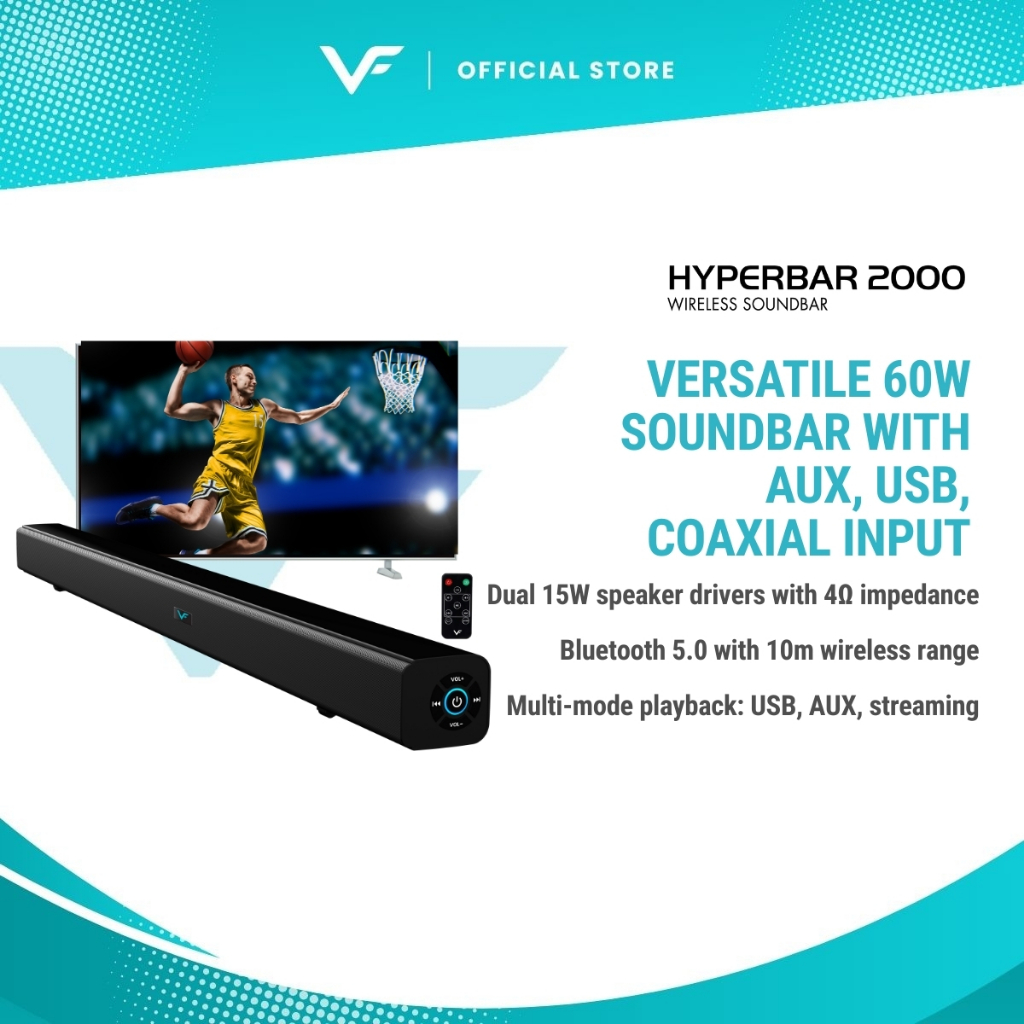 Vinnfier VF Hyperbar 2000 Naik Taraf Bunyi TV Wireless Bluetooth TV Soundbar 60W MAX AUX USB Pendrive