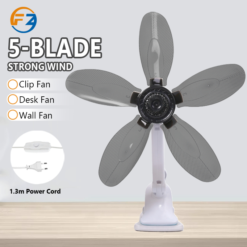 Portable 5-Blade Mini Fan Adjustable Clip Fan, Table Fan & Wall Fan, 15W Strong Wind, Kipas Meja