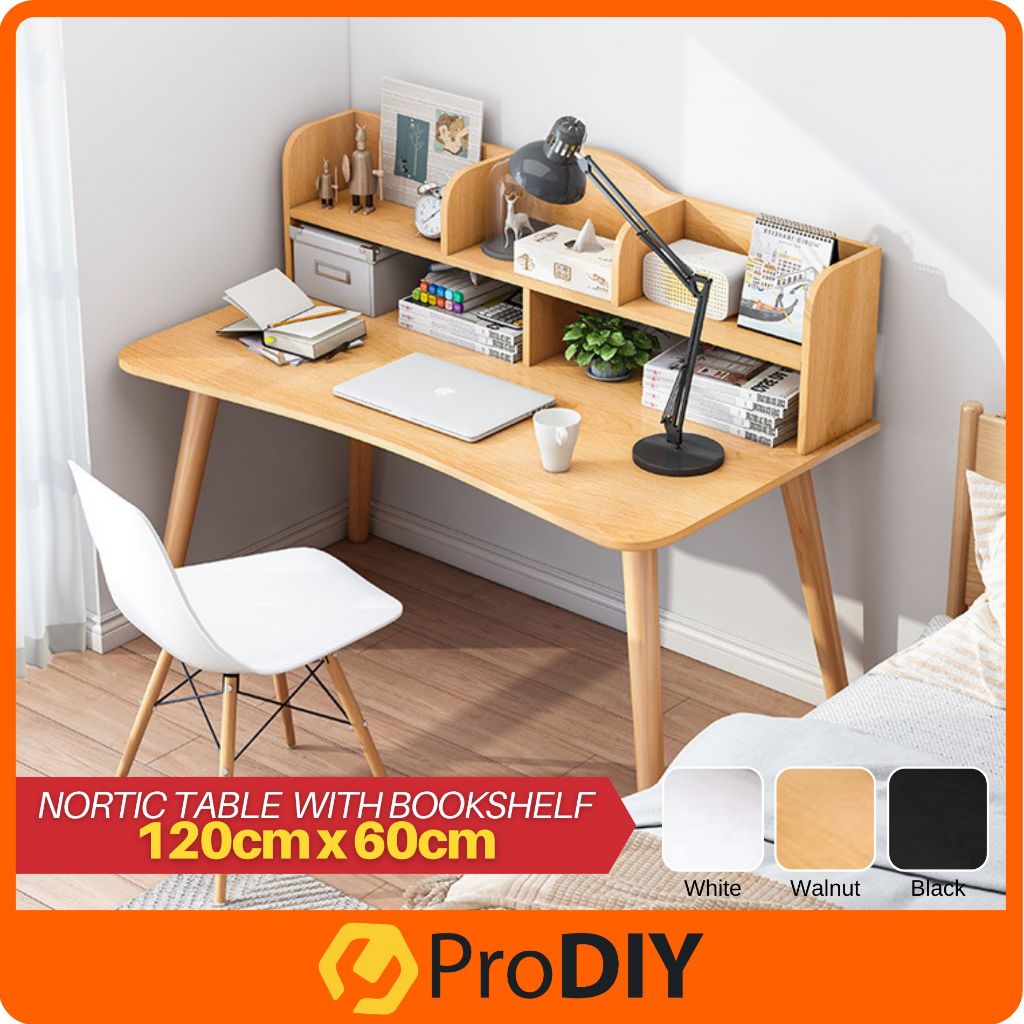 Nordic Table with Bookshelf Solid Wood Desk Writing Study Table Computer Desktop Meja + Rak Buku ( 120cm )