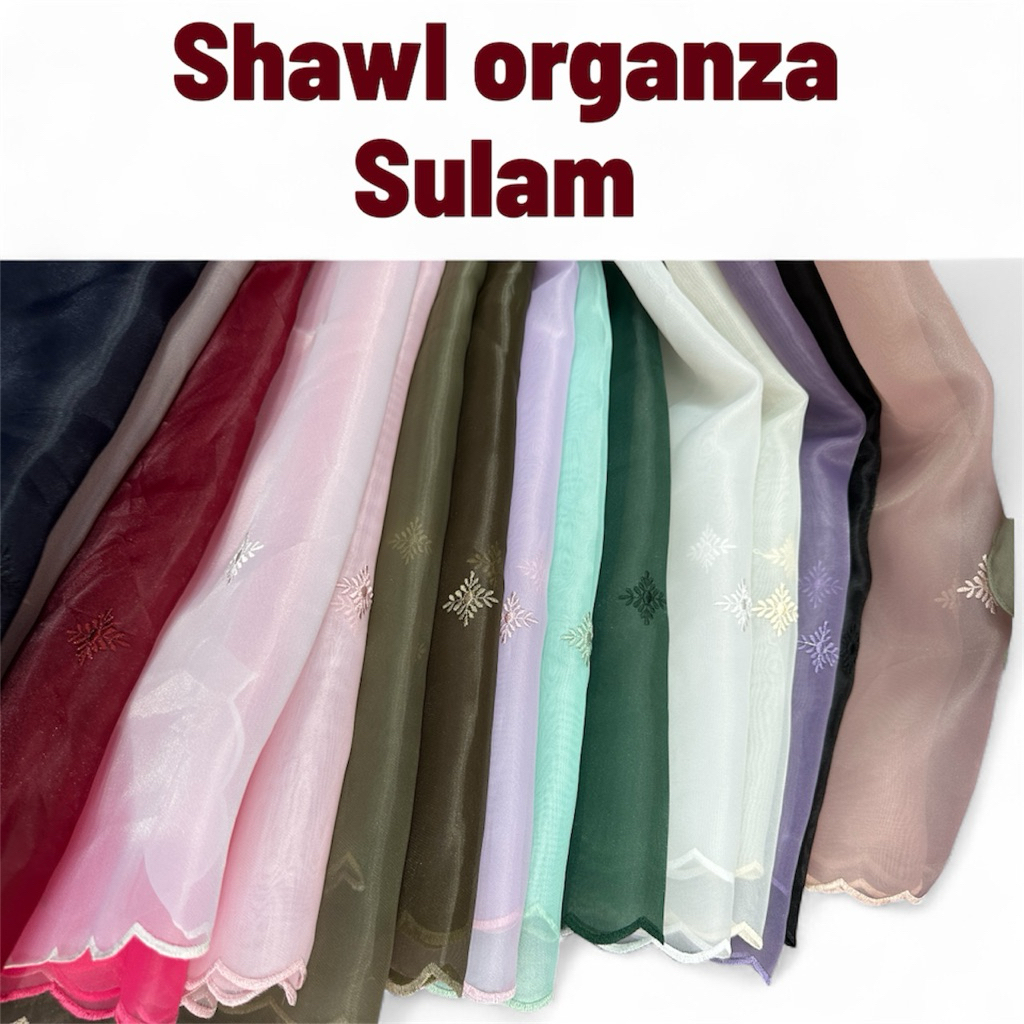 Shawl Oragandi Embroidered Malay Organza  Shawl Scarf Klasik look Selendang Bahu Sulam / Premium Veil organza Offwhite
