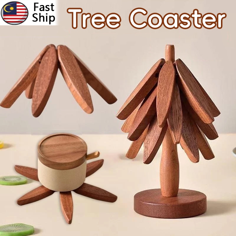 Tapak Periuk Kayu Kreatif Alas Pinggan & Cawan Lipat Tahan Haba untuk Periuk Kuali Hidangan Panas