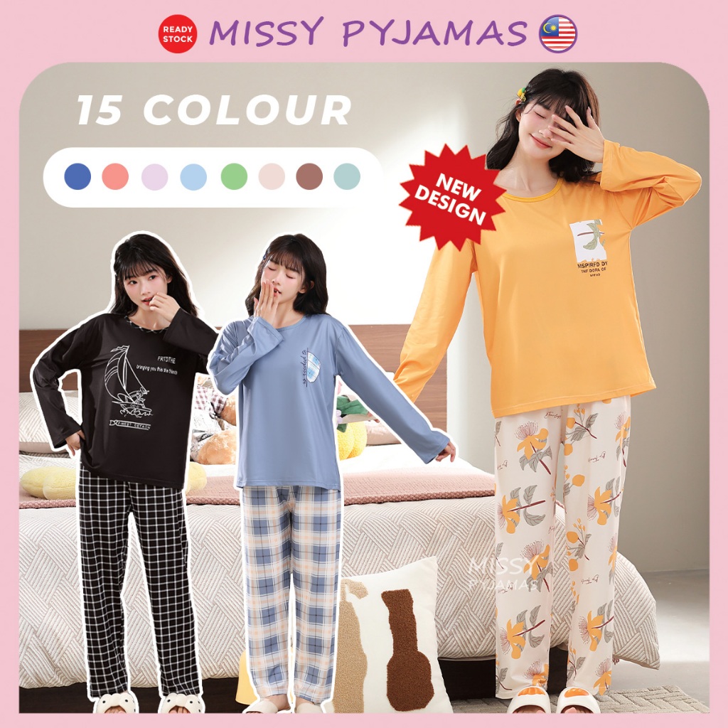 Pyjamas Wanita Seluar Panjang Baju Lengan Panjang Homewear Comfy Pakaian Tidur Lembut Daily Wear Trendy PJ036-2