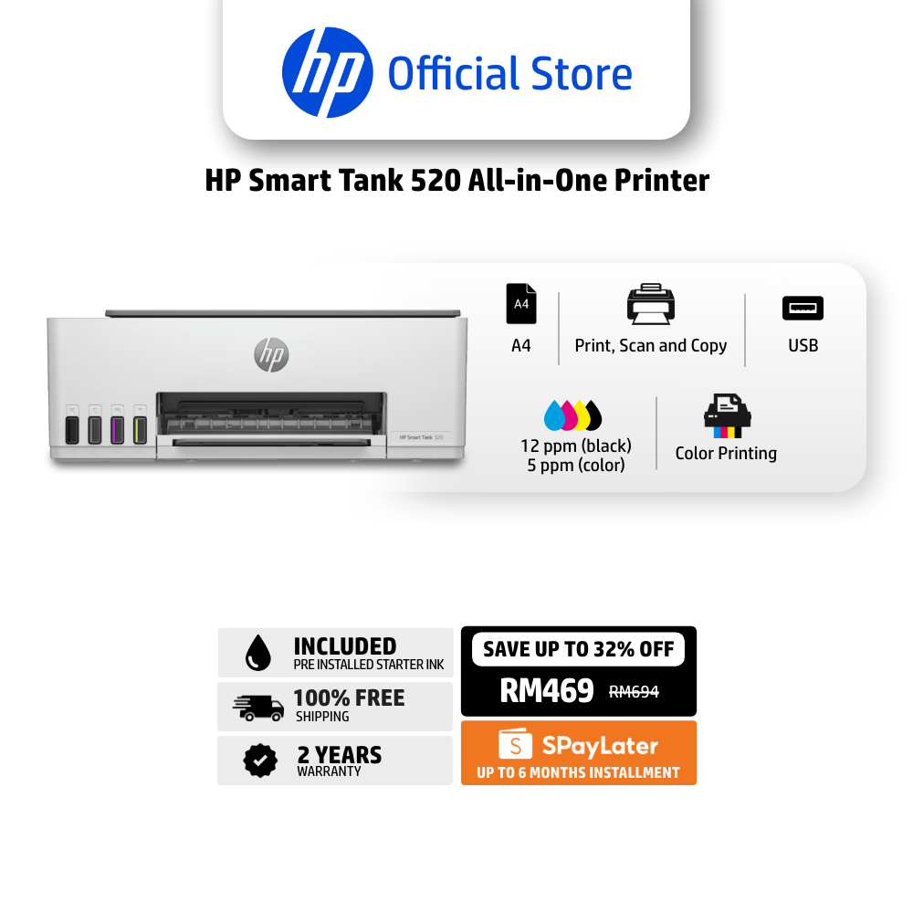HP Smart Tank All-in-One 520, 580, 790, 720, 750, 615 Printer Series | A4 | Wi-Fi, USB, Ethernet | Print, Copy, Scan, Fax | Dynamic Security | 2 Years Warranty