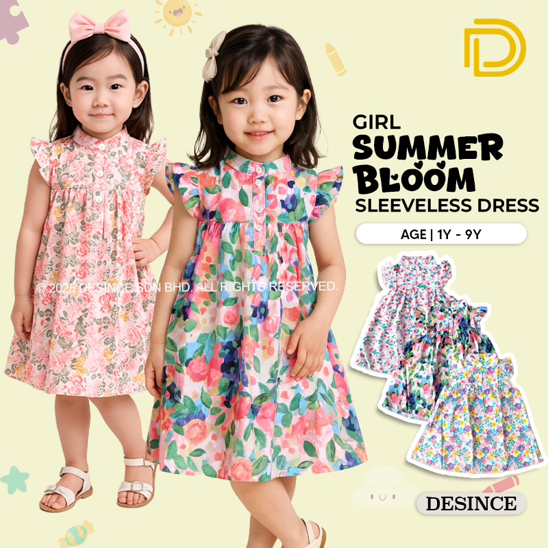 DESINCE Kids Cute Girl Summer Bloom Floral Sleeveless Dress Soft Polyester Gaun Comel Baju Budak Perempuan KW 090