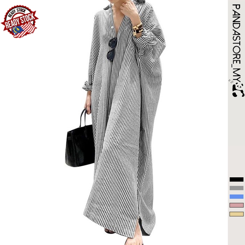 ?? READY STOCK Women Fashion Long Sleeve Casual Stripe Printed Button Down Split Hem Maxi Shirt Dress