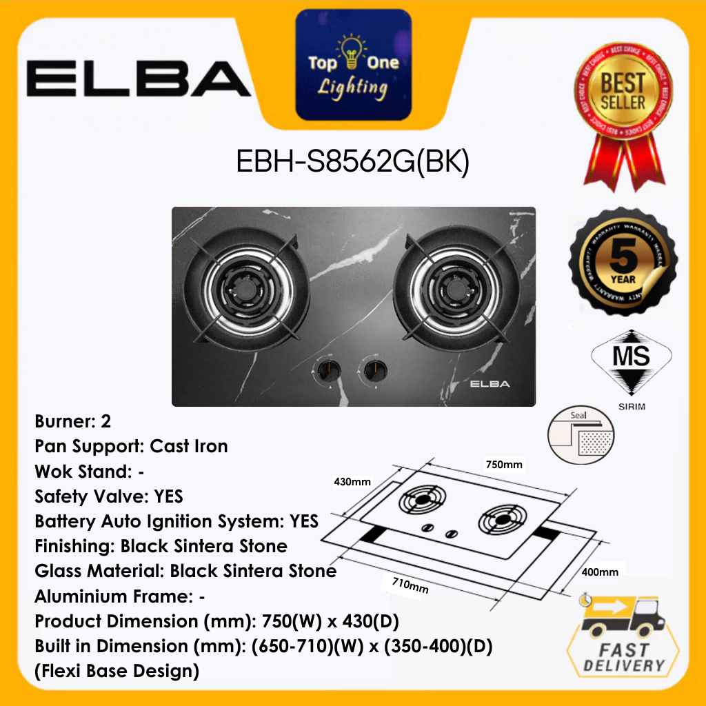 ELBA Dapur Gas Stove EGH-K8842G(BK)/8843G(BK)/8742G(BK) Glass Stove Kitchen Hob Stove Kitchen Applia