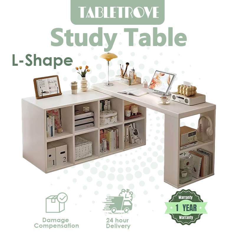 TABLETROVE L Shape Table Study Table Meja Belajar Study Table with Cabinet Rak Buku Computer Desk