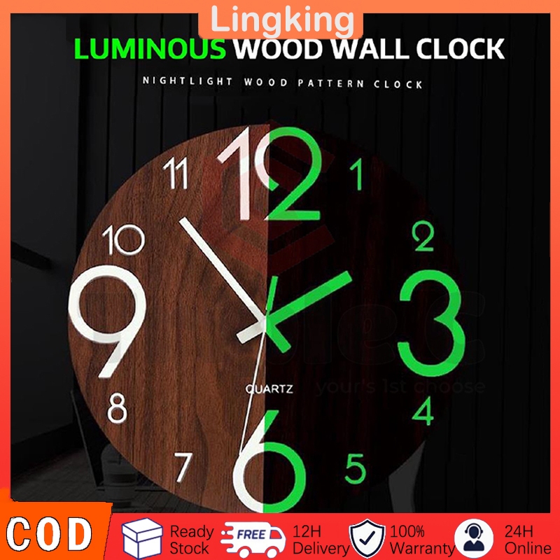 12" / 30CM Jam Dinding Bercahaya Wall Clock Glow In The Dark Silent Quartz Indoor Bedroom Wooden Luminous