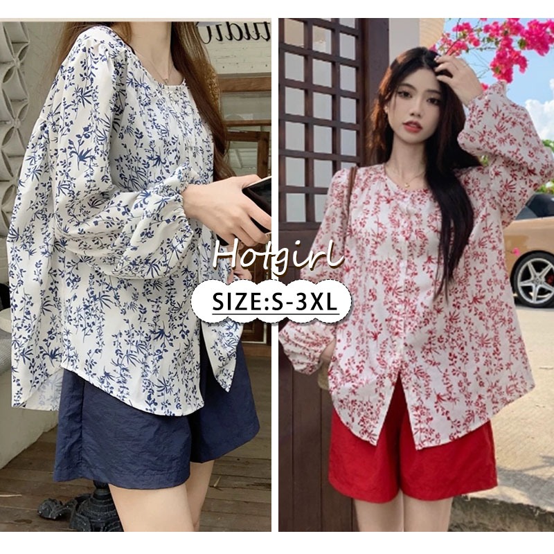 【READY STOCK AT Johor】Hotgirl⭐Floral long-sleeved shirt women loose casual lazy breathable cool top(SIZE: S-3XL)