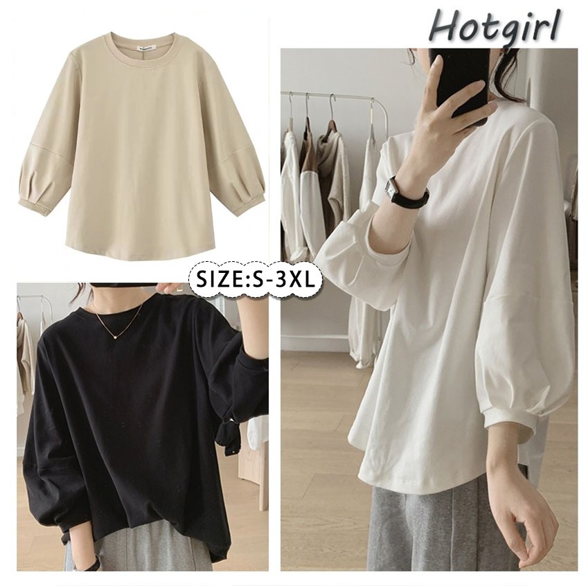 【READY STOCK AT Johor】 Hotgirl⭐Lantern Sleeve T-shirt Women's Loose Simple Long Sleeve Tops Women(SIZE: S-3XL)