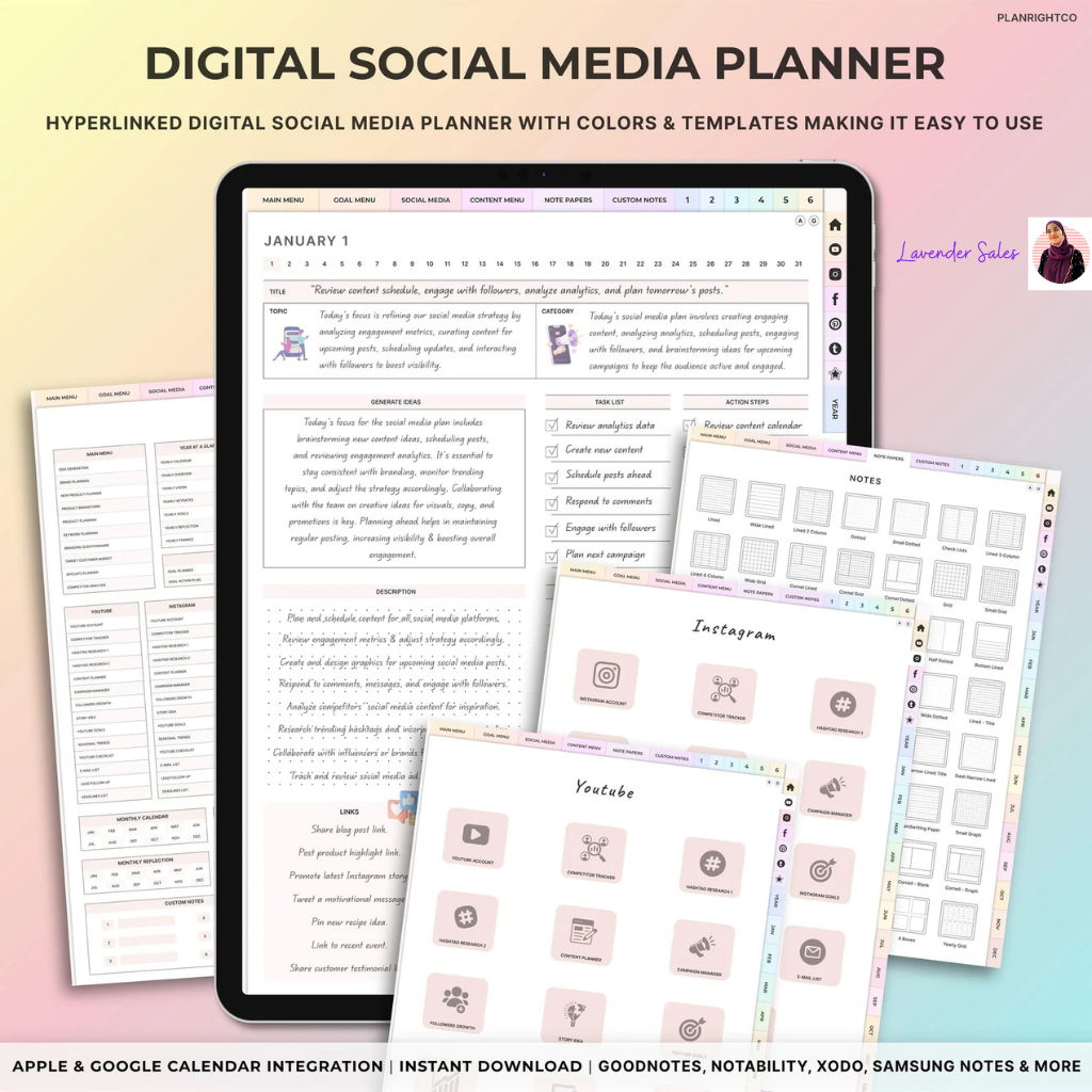 Social Media Content Planner :  GoodNotes, Instagram, TikTok, Youtube, Blogger, Marketing Plan