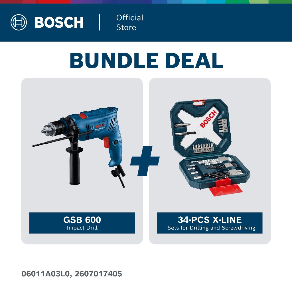 BOSCH [COMBO] GSB 600 Impact Drill - 06011A03L0 + BOSCH 34pcs X-Line Classic Drill & Screwdriver Bit Set - 2607017405