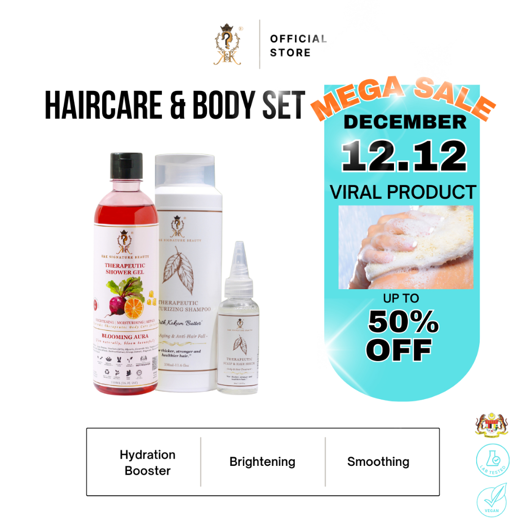 [HQ] K&K 100% HERBAL THERAPEUTIC VALUE HAIR SET - LEBATKAN RAMBUT - SERUM GUGUR RAMBUT - SHOWER GEL