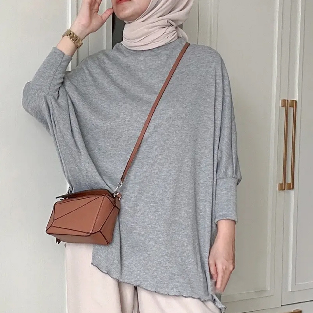 #6056Bbaju muslimah plus size lengan panjang crop top for women kemeja perempuan outfit wanita baggy tshirt blouse labuh