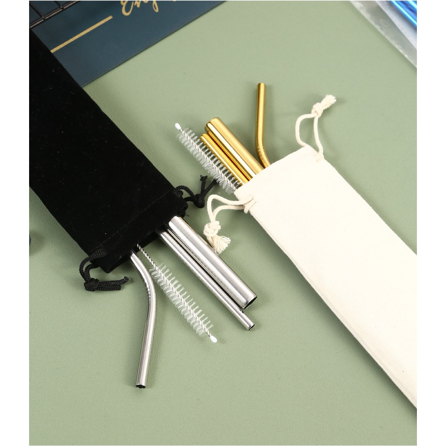 *Ready Stock* 5pcs Reusable Stainless Steel Metal Straw with Cleaning Brush and Carry Bags, Long Drinking Metal Straw