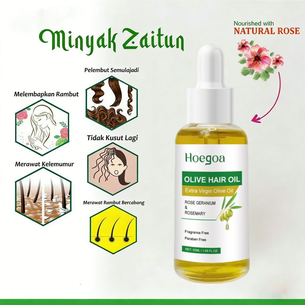 MINYAK RAMBUT ZAITUN/ HAIR OLIVE OIL - MENGUATKAN, LEMBUTKAN RAMBUT (Anti dandruff )100% NATURAL 50Ml
