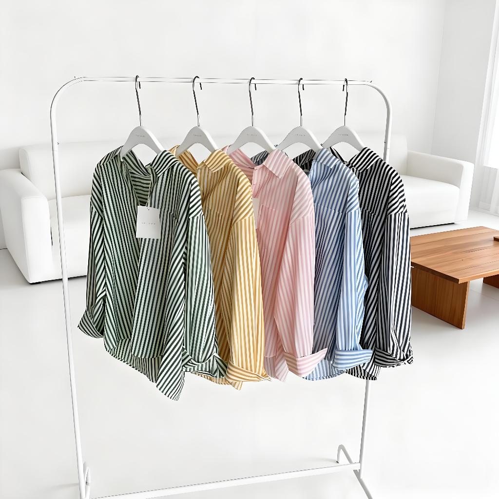 4 Color Fashion Women Green Striped Blouse Long Sleeve Sunscreen Casual Kemeja Perempuan Tops