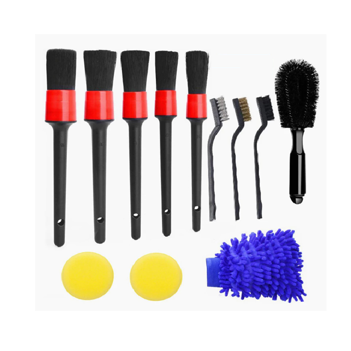 Durable Wire Bristles Car Detailing Brush Set with Ergonomic Handles and Microfiber Gloves - 12-Piece Set for Car, Truck