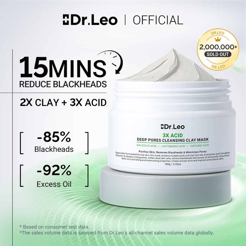 Dr.Leo Blackhead Removal Clay Mask Deep Pores Acid Clay Mask Pembersihan Mendalam, Buang Komedon Kawalan Minyak