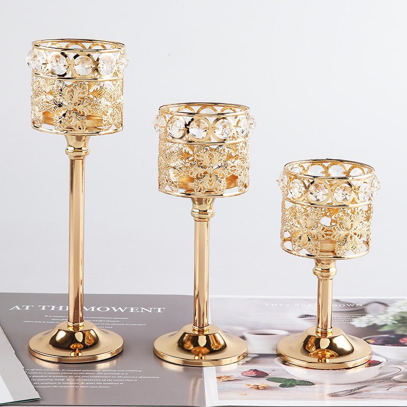 Vintage Crystal Candlestick Gold Tea Candle Holder Tabletop Decorative Candlestick Wedding Banquet Home Decor 烛台