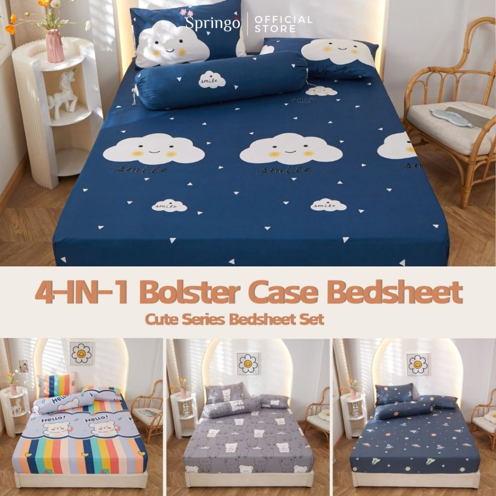 SPRINGO Queen King Single Premium Cotton Fitted Bedsheet Set Cadar Tebal Getah Keliling Murah BBM