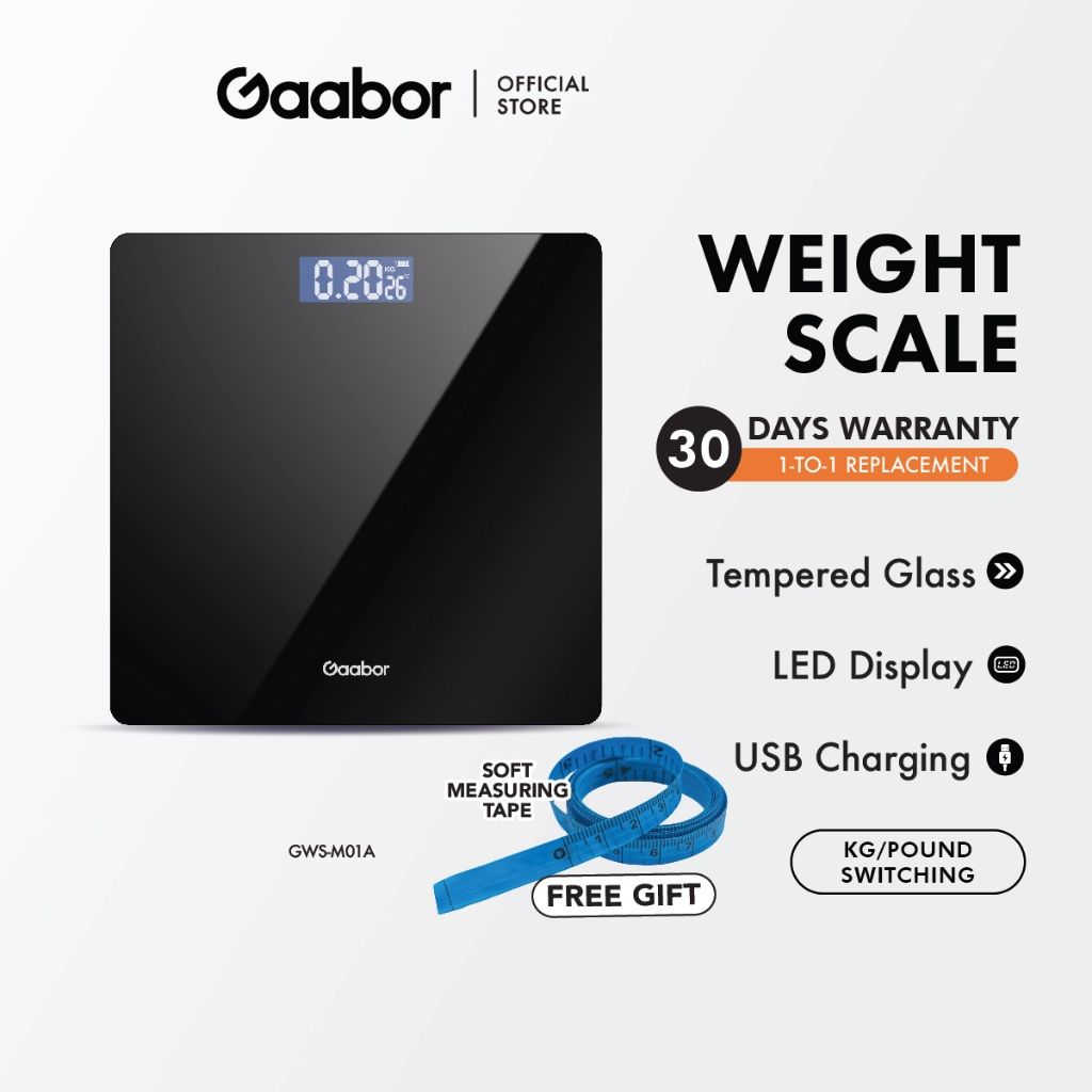 Gaabor Electronic Weight Scale For Body Digital Weighing Scale Large LED HD Display Black GWS-M01A