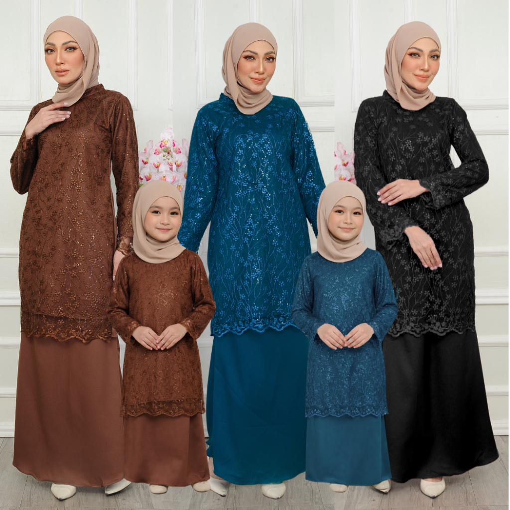 RAYA 2026 NEW ARRIVAL SET KURUNG HANIA IBU & ANAK Full Embroided Lace Front & Sleeves Dengan V-cut Neck Collar COMOCREPE