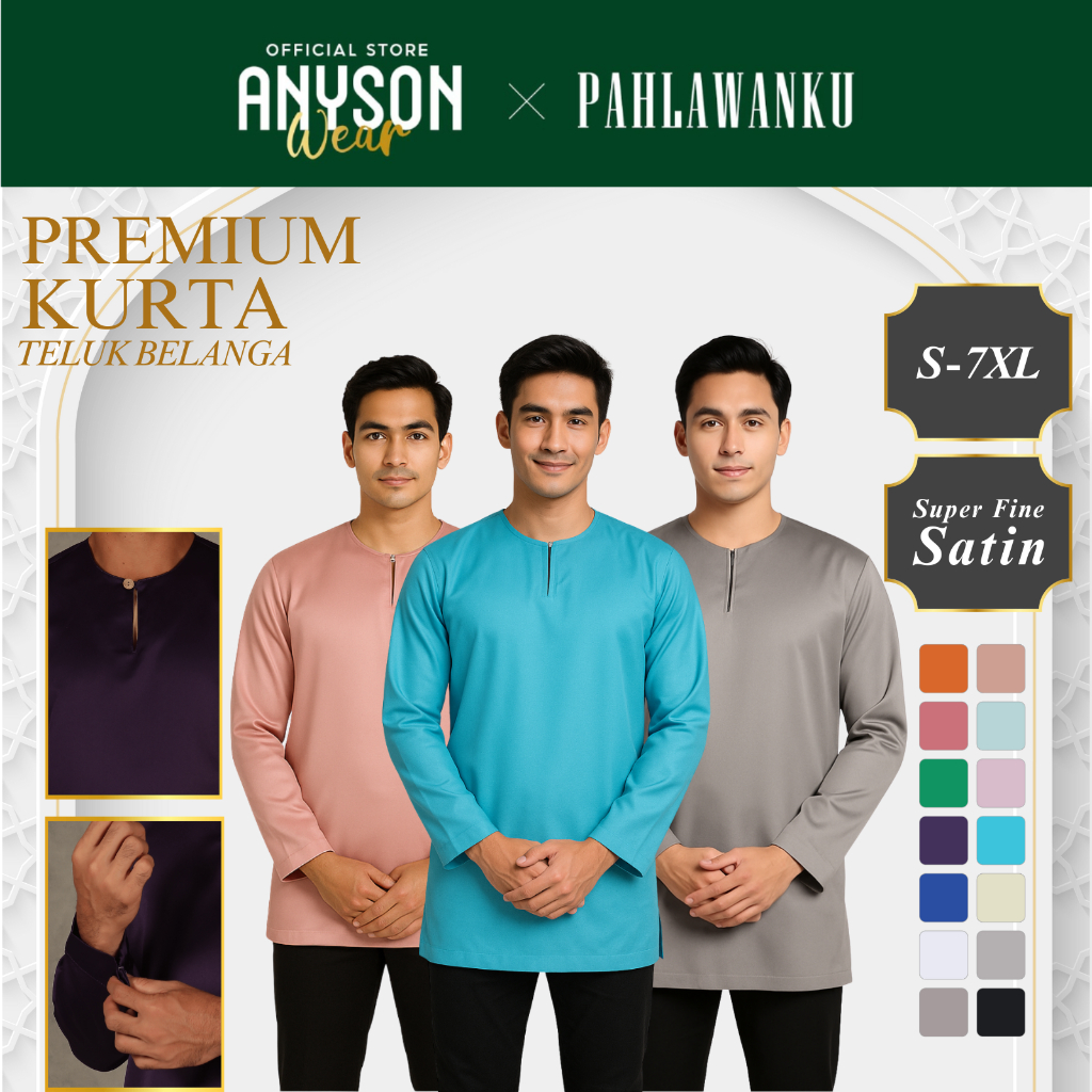 PAHLAWANKU Kurta Teluk Belanga Plus Size S-5XL Super Fine Satin | Baju Solat Jumaat Raya Lelaki