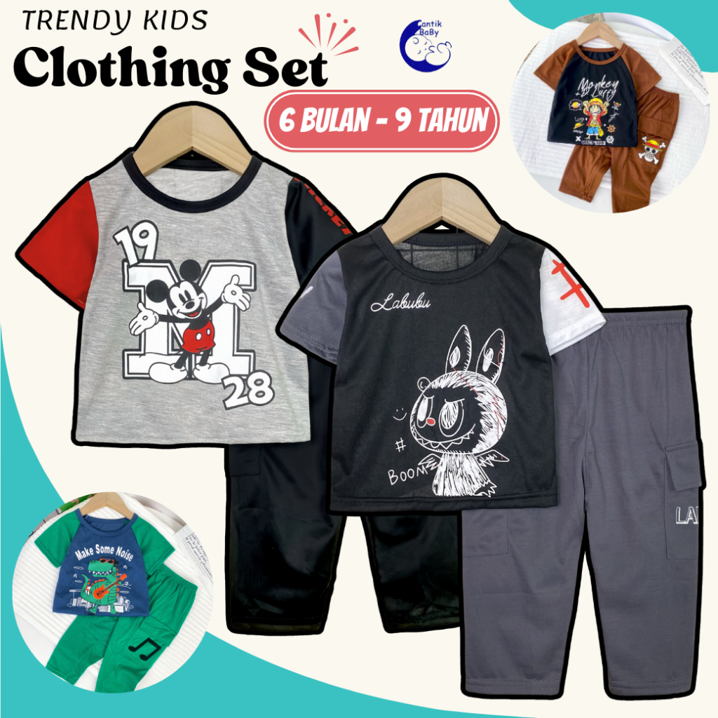 CantikBaby Baju Berjalanan Budak Harian Trendy Boy Girls 6 Bln - 9 Thn Set Lengan Pendek & Seluar Panjang Kids Clothes