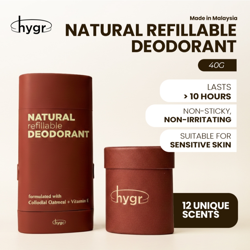 HYGR Natural Refillable Deodorant Stick (40g) Refreshing Body Odour Control Sweaty Armpit