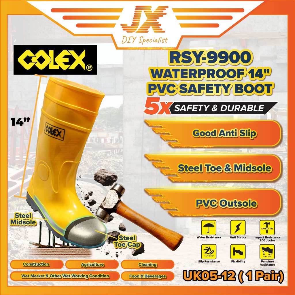 Colex Steel Toe Cap Safety Rubber Boot Safety Shoe Kasut Getah Kuning Kepala Tapak Besi Rainboot