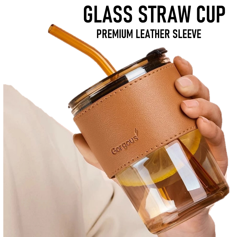 【LOGO PRINT】Glass straw cup with lid Cawan kaca Portable gift coffee cup Heat resistant and cold resistant water cup玻璃