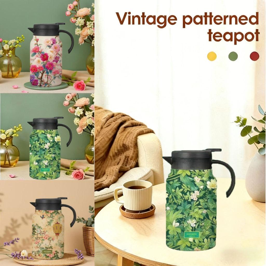 1500 ML Vintage Floral Tea Thermos with Handle Stainless Steel Tea Kettle Flower Pattern Infuser Pot for Home Cerek Teh