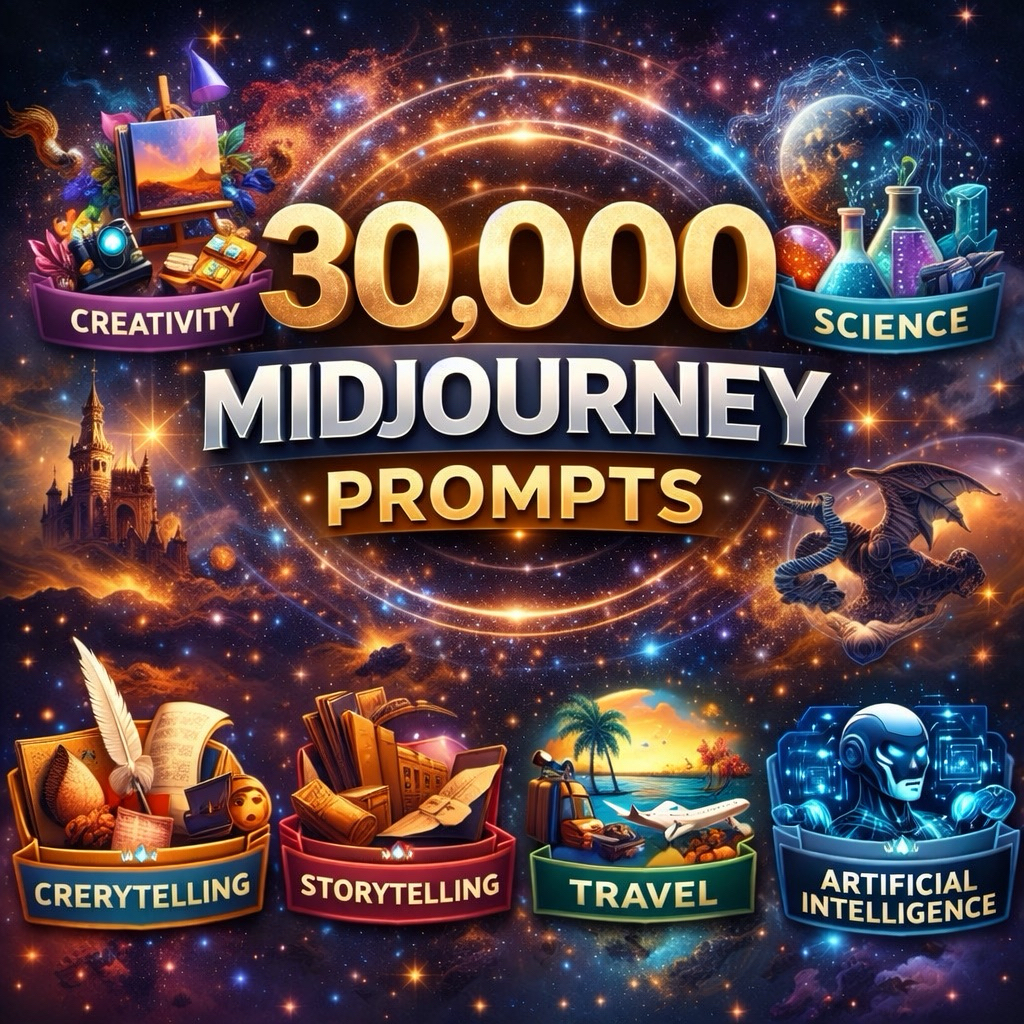 30,000 Midjourney Prompts Bundle | AI Art Prompt Pack | Creativity, Storytelling, Science, Travel & AI