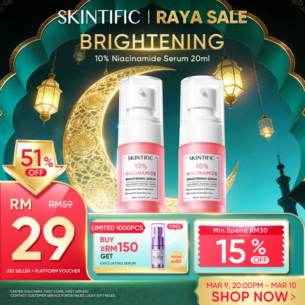 SKINTIFIC 10%Niacinamide Brightening Serum muka Radiance Whitening Glowing Essence Skincare Fade Dark Spot Alpha arbutin
