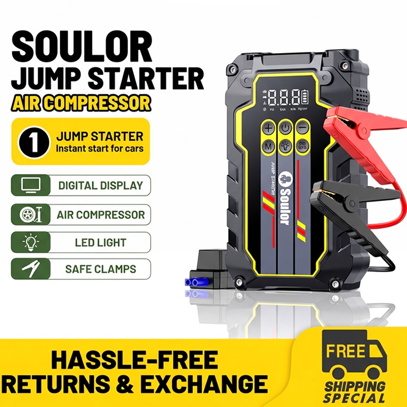 Soulor Jump Starter Power Bank 12V Rechargable Car Jumper Powerbank with Air Pump 4 IN 1 Portable Car Start Jumper