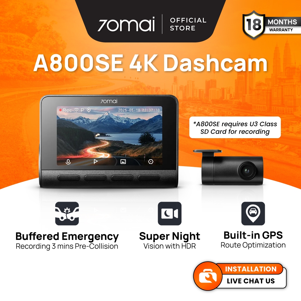 70mai A800SE Dashcam 4K Resolution + HDR | Built-in GPS & ADAS | Supercapacitor | Dual-Channel | App Control