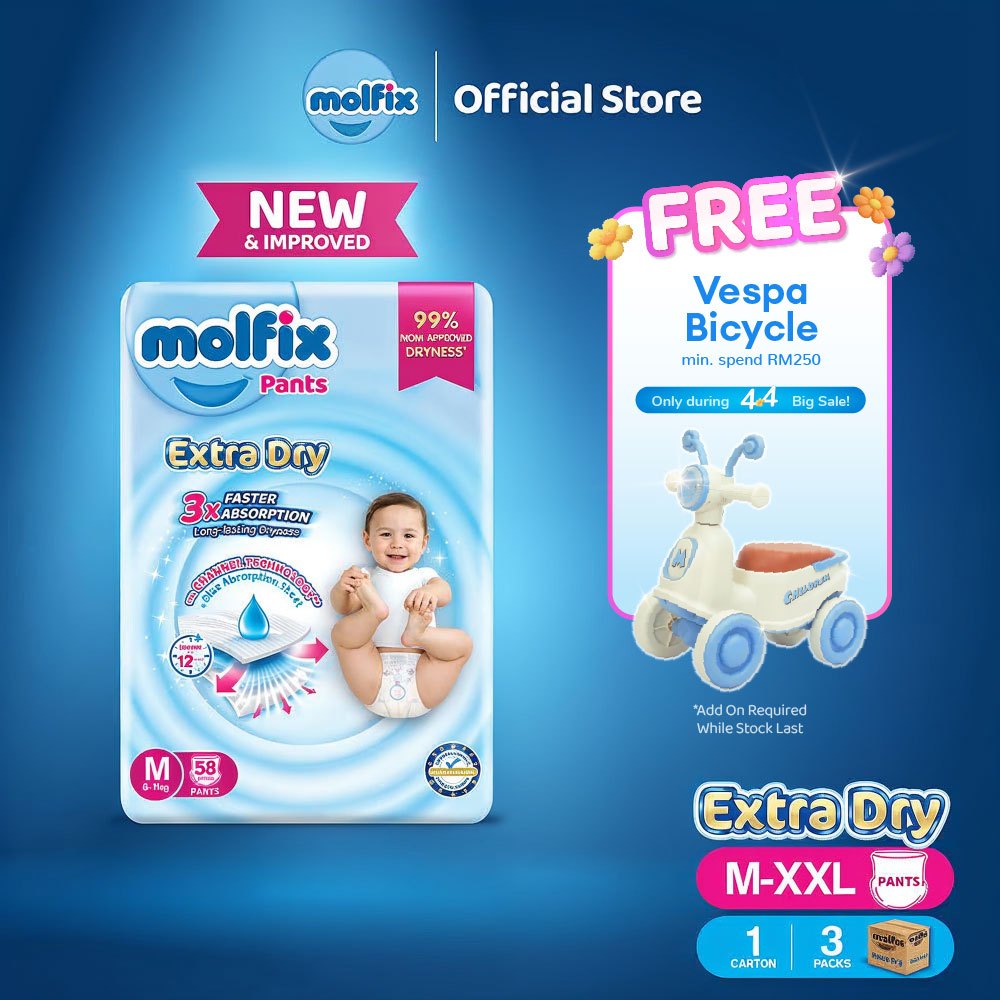 [Bundle of 3] Molfix Extra Dry Pants Jumbo Pack - S66 / M58 / L48 / XL42 / XXL36 / XXXL20 / XXXL22