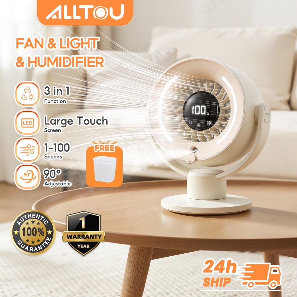 ALLTOU Table Fan 100 Speeds Adjustable Fan Big Humidifier Desktop Fan With LED Display Table Fan 90°Auto Rotate 6000mAh