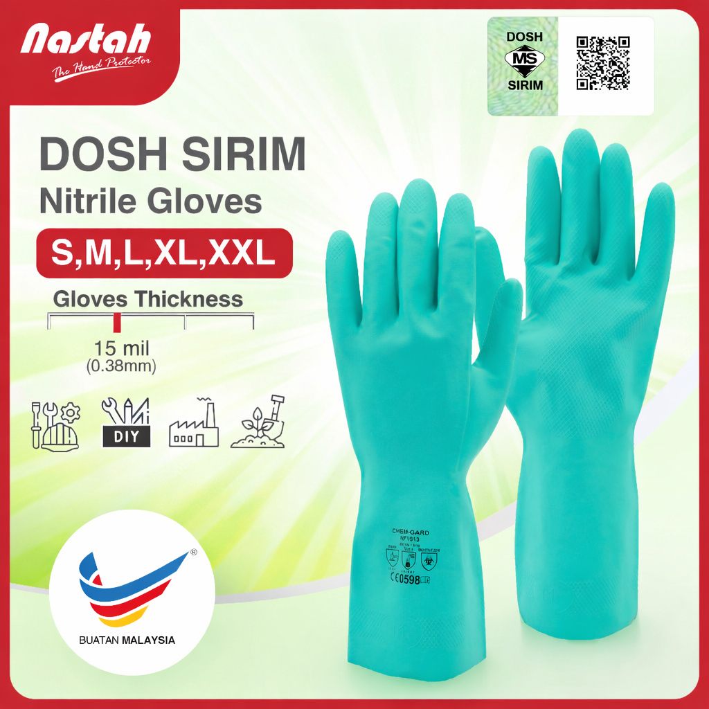 Nastah DOSH SIRIM Certified Flocklined Nitrile Glove NF1513 Sensitive Skin Eczema Chemical Resistant