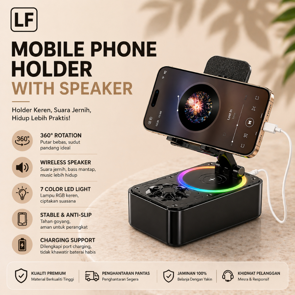 LF 3in1 Bluetooth Speaker with 3000mAh Power Bank | Foldable Phone Stand | Pembesar Suara, Power Bank & Pemegang Telefon