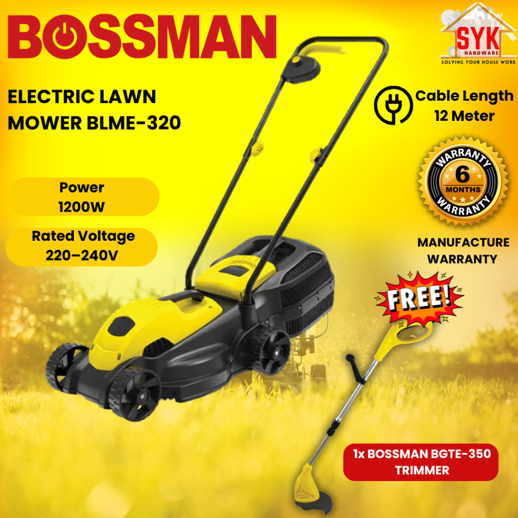 SYK Bossman BLME-320 Electric Lawn Mower Hand Push Machine Mesin Rumput Tolak Potong Rumput Electrik
