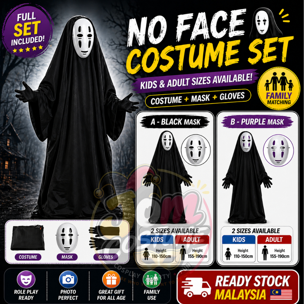 JomCostume Faceless Kaonashi No Face Costume Cosplay Monster Ghost Haunted House Halloween Spirited Away Hantu