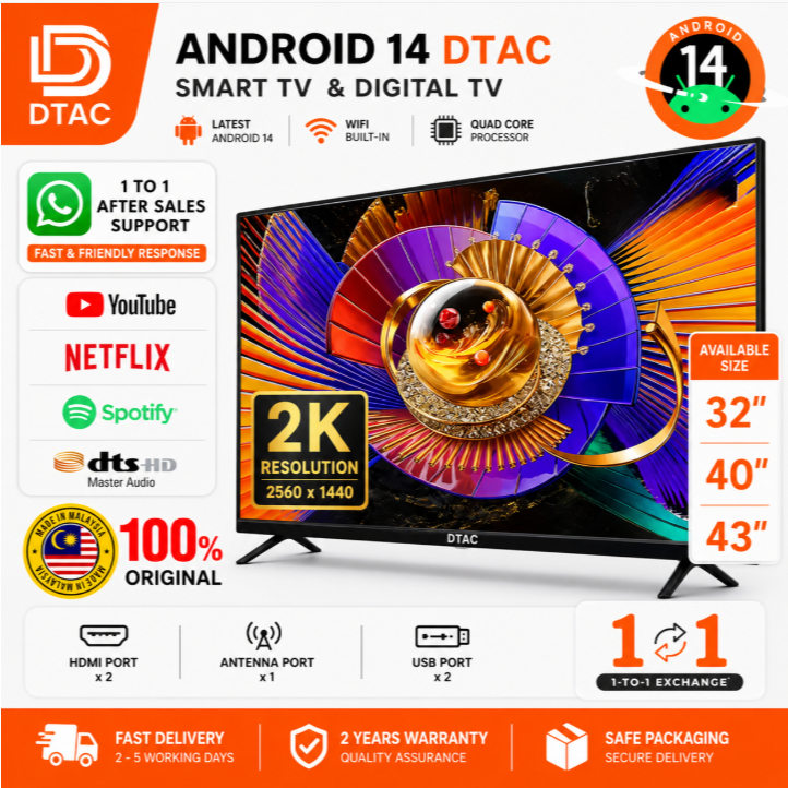 Televisyen Pintar DTAC 32 Inch Smart Tv Netflix Hdmi Android Goggle Tv Murah Kecil Full HD USB